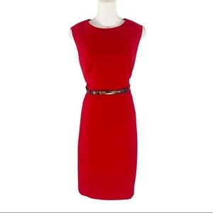 Calvin Klein red sleeveless belted sheath dress